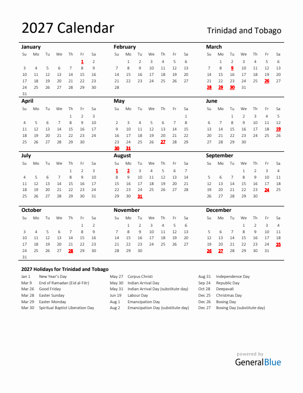 Standard Holiday Calendar for 2027 with Trinidad and Tobago Holidays 