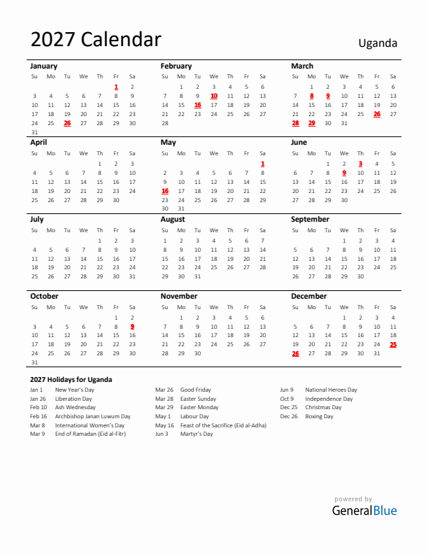 Standard Holiday Calendar for 2027 with Uganda Holidays