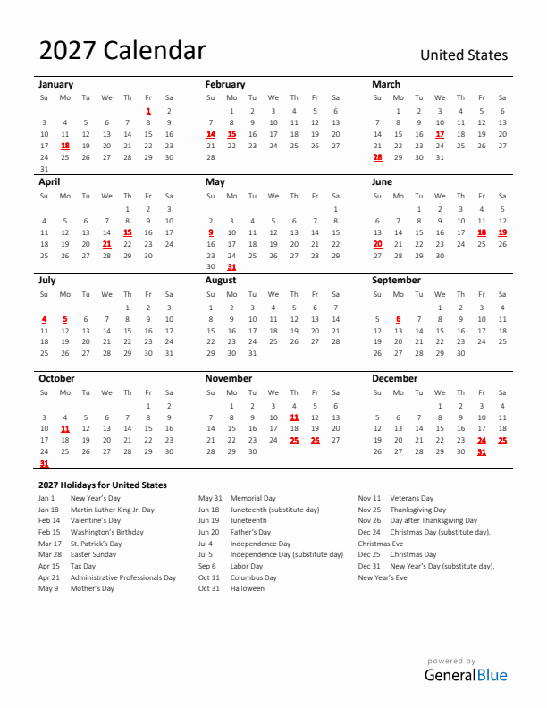 Standard Holiday Calendar for 2027 with United States Holidays