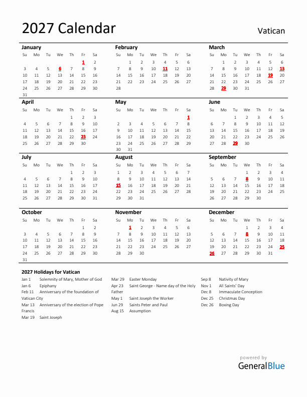 Standard Holiday Calendar for 2027 with Vatican Holidays