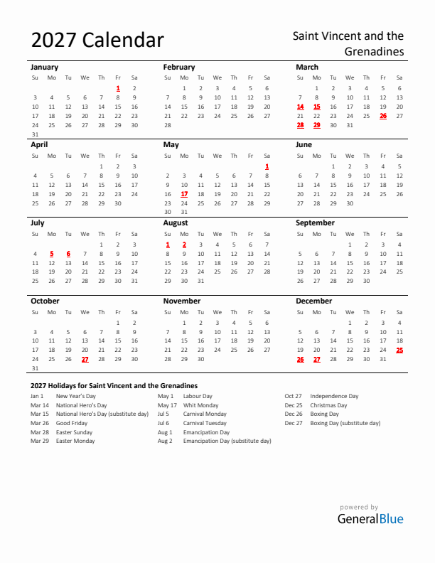 Standard Holiday Calendar for 2027 with Saint Vincent and the Grenadines Holidays 