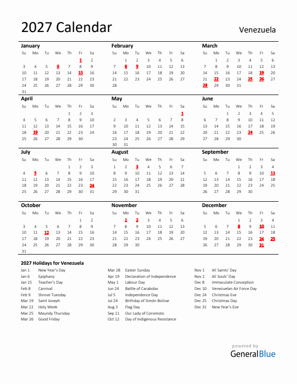 Standard Holiday Calendar for 2027 with Venezuela Holidays