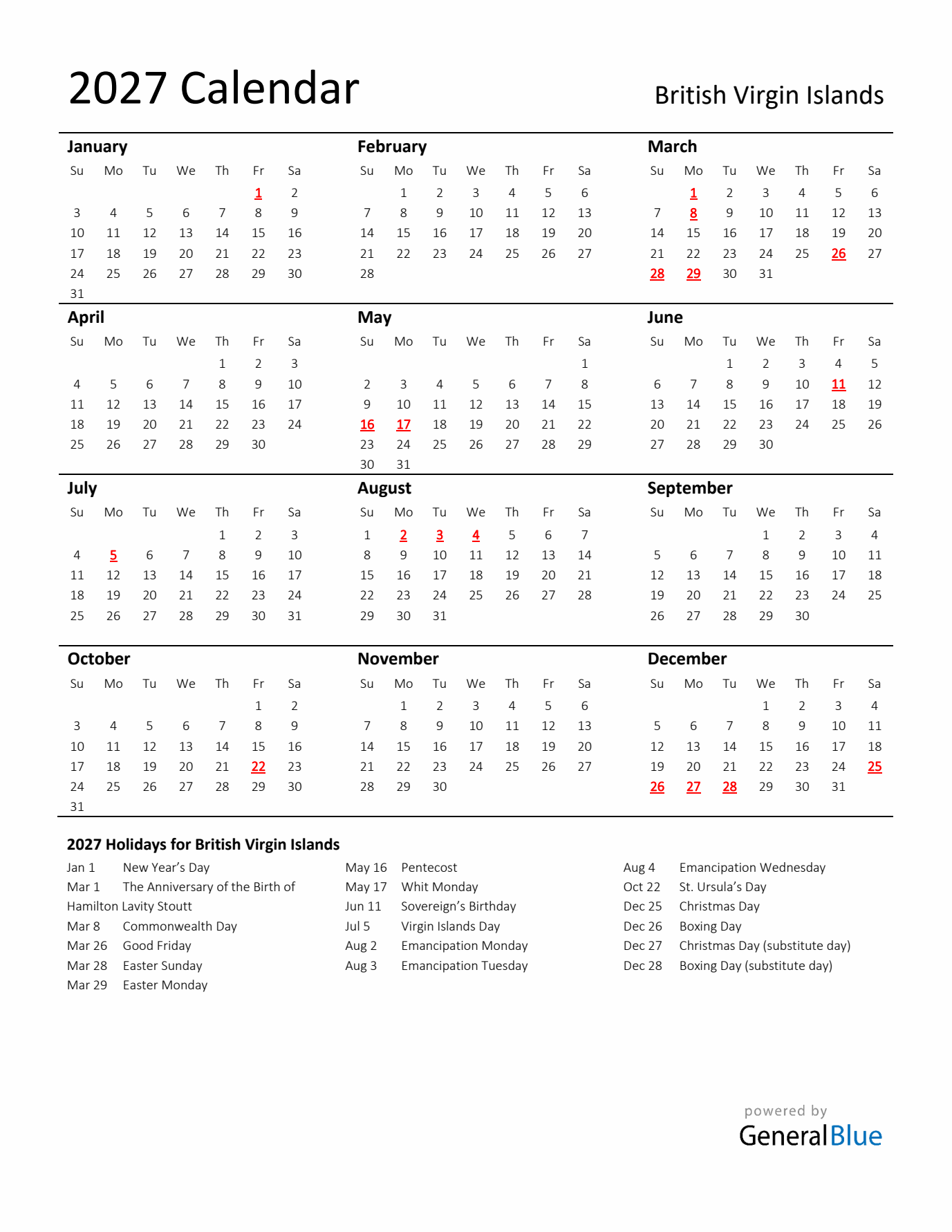 Standard Holiday Calendar for 2027 with British Virgin Islands Holidays