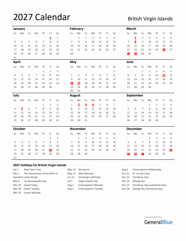 Standard Holiday Calendar for 2027 with British Virgin Islands Holidays 