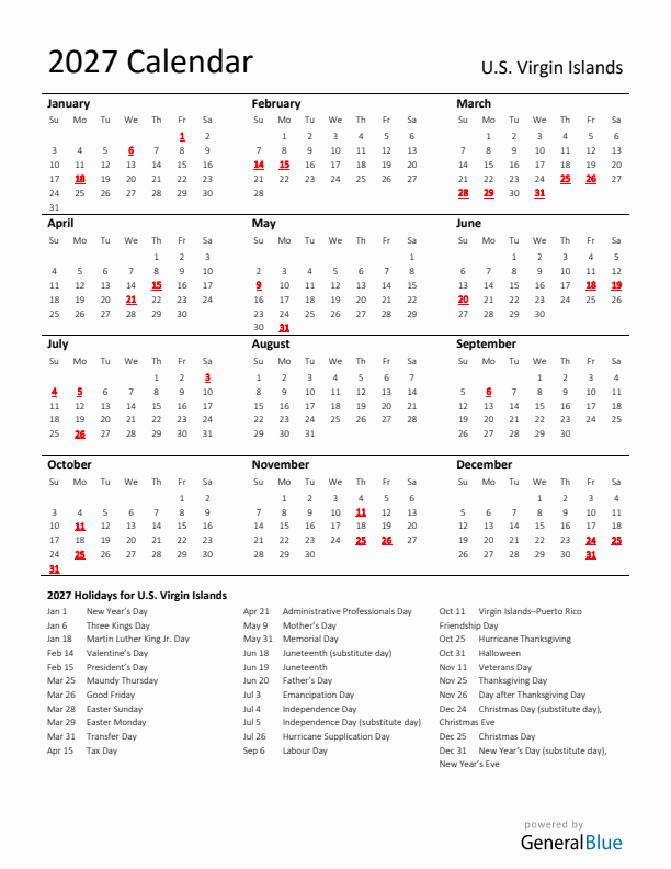 Standard Holiday Calendar for 2027 with U.S. Virgin Islands Holidays 