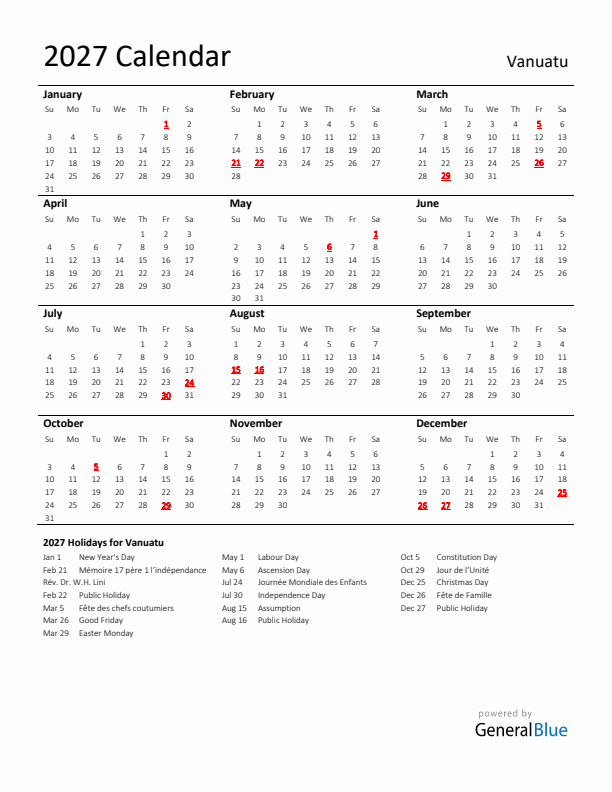 Standard Holiday Calendar for 2027 with Vanuatu Holidays 