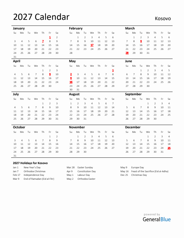 Standard Holiday Calendar for 2027 with Kosovo Holidays