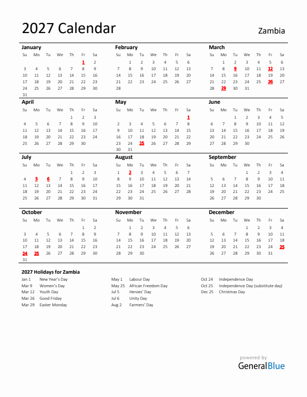 Standard Holiday Calendar for 2027 with Zambia Holidays