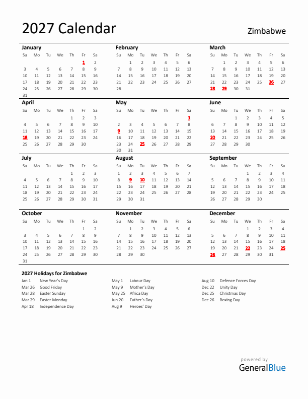 Standard Holiday Calendar for 2027 with Zimbabwe Holidays
