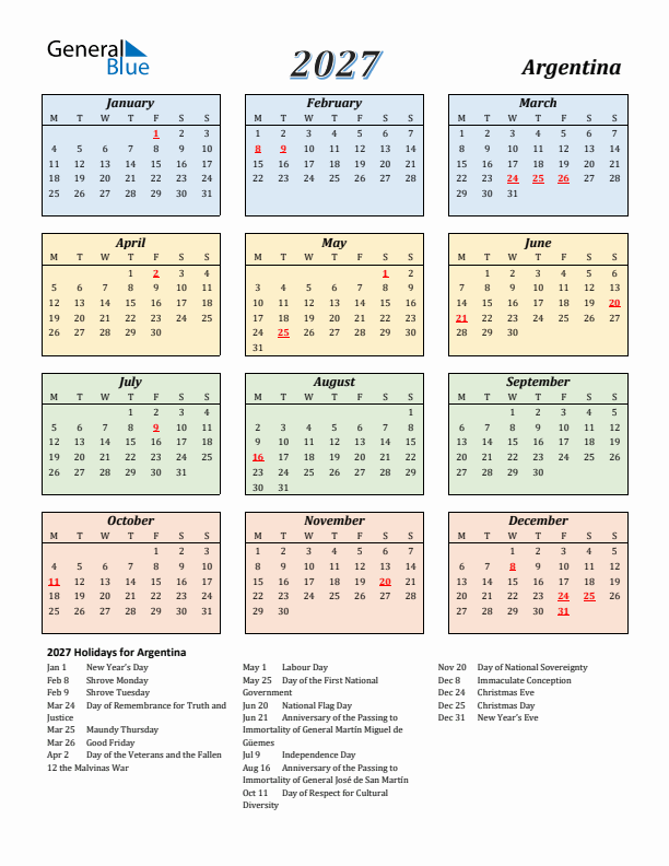 Argentina Calendar 2027 with Monday Start