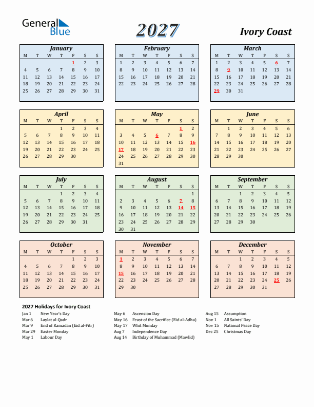 Ivory Coast Calendar 2027 with Monday Start
