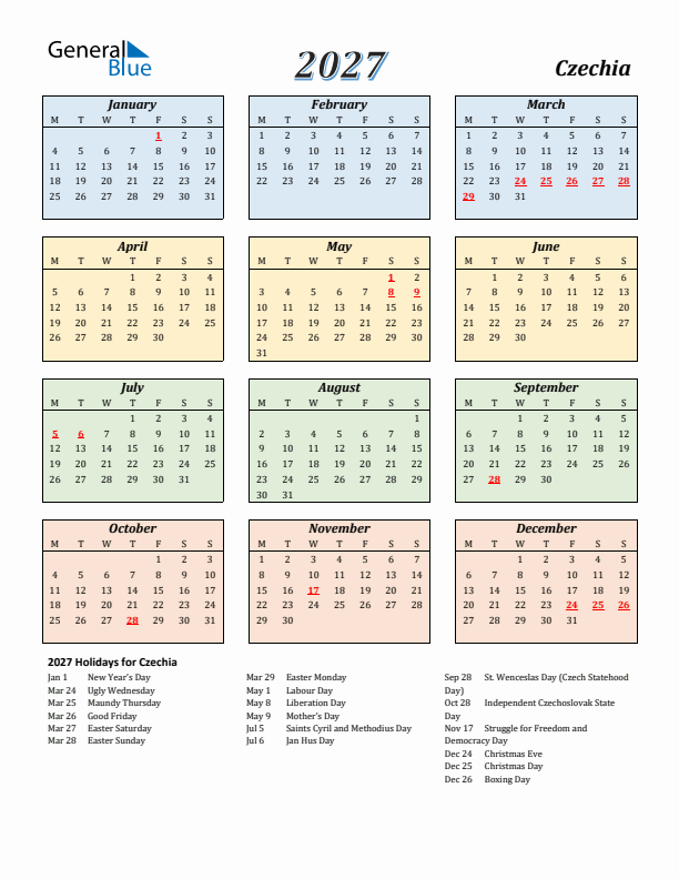 Czechia Calendar 2027 with Monday Start