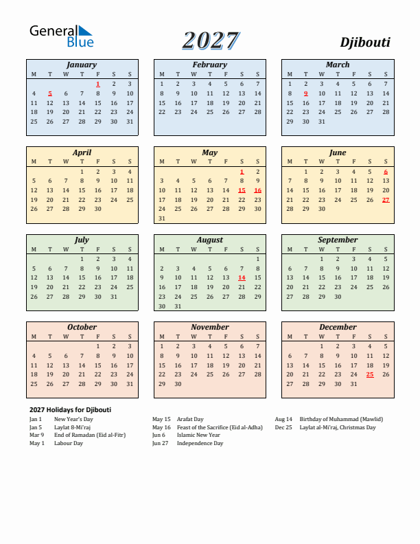 Djibouti Calendar 2027 with Monday Start