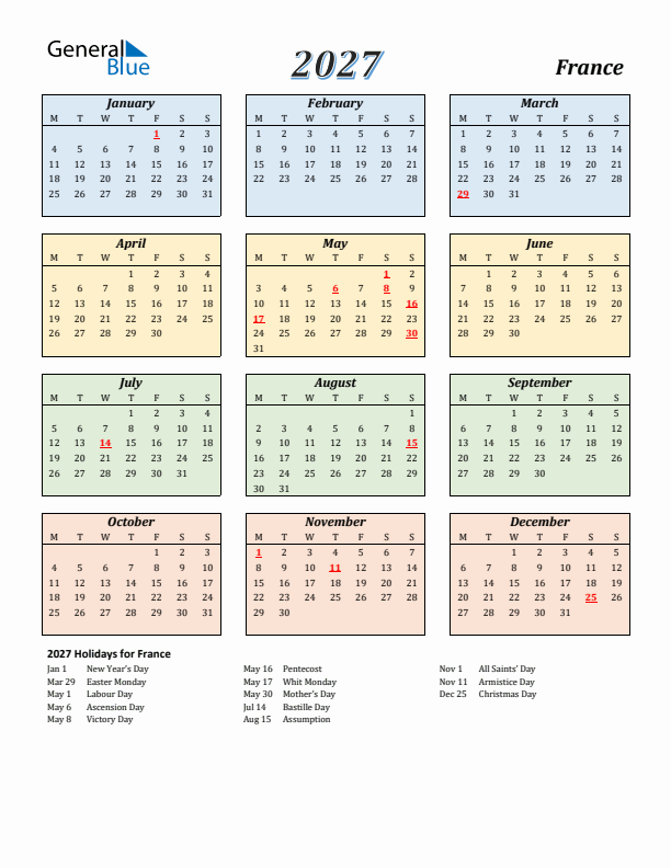 France Calendar 2027 with Monday Start