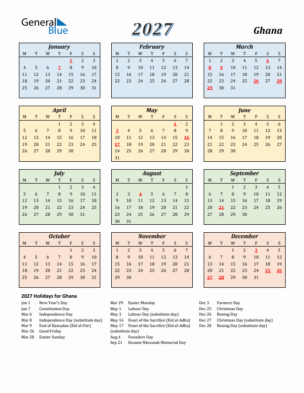 Ghana Calendar 2027 with Monday Start