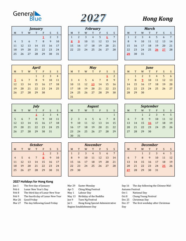 Hong Kong Calendar 2027 with Monday Start