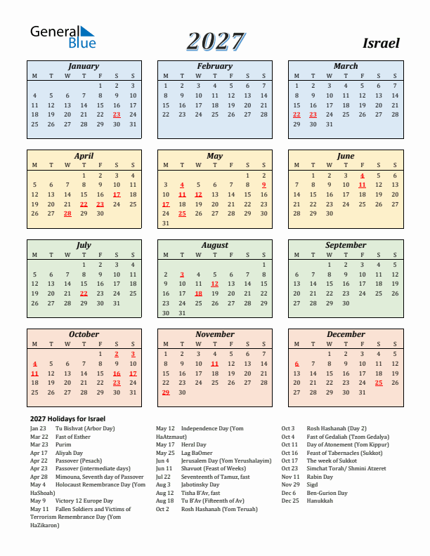 Israel Calendar 2027 with Monday Start