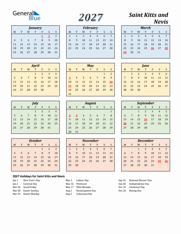Saint Kitts and Nevis Calendar 2027 with Monday Start