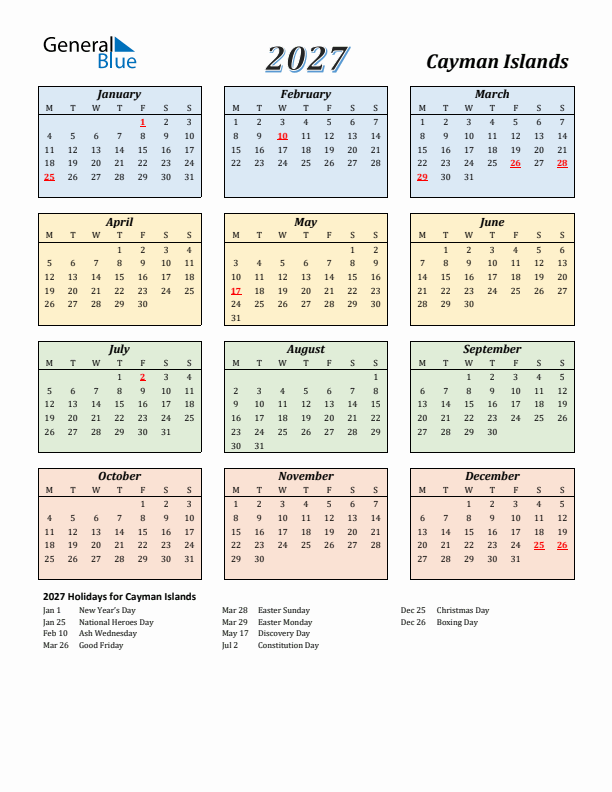 Cayman Islands Calendar 2027 with Monday Start