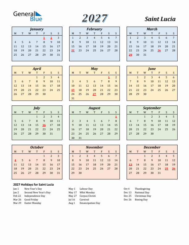 Saint Lucia Calendar 2027 with Monday Start