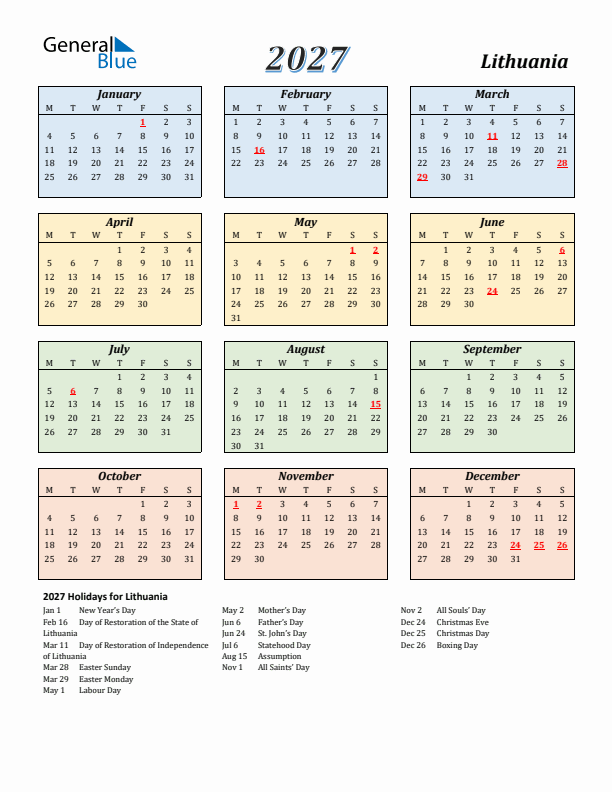 Lithuania Calendar 2027 with Monday Start