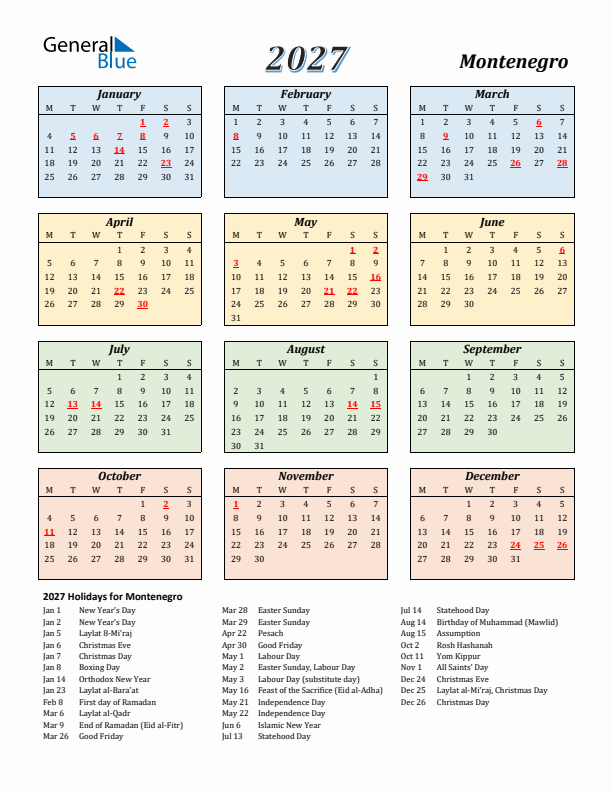 Montenegro Calendar 2027 with Monday Start