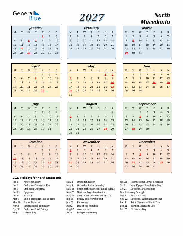 North Macedonia Calendar 2027 with Monday Start