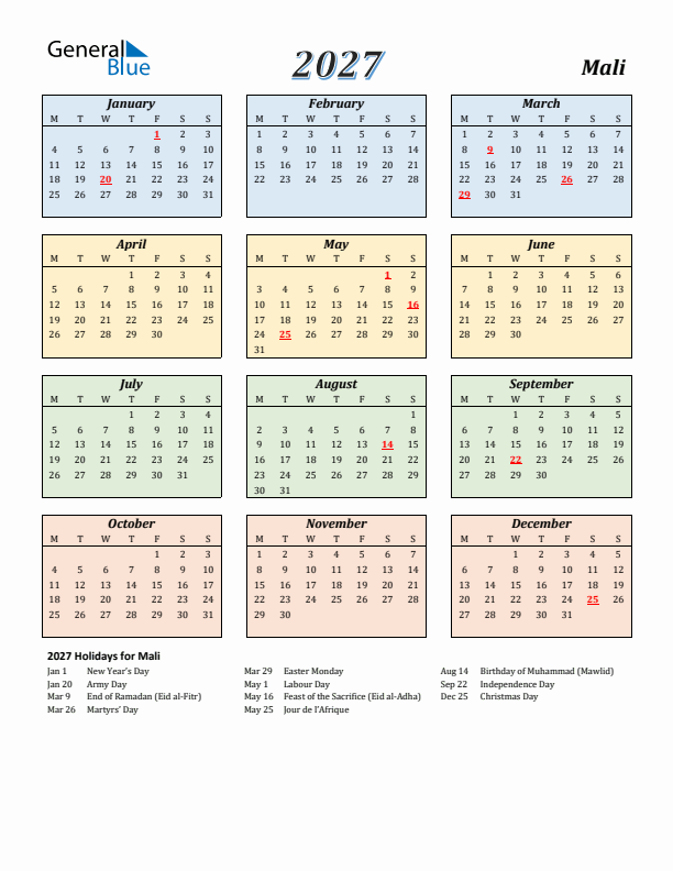 Mali Calendar 2027 with Monday Start