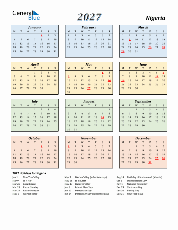 Nigeria Calendar 2027 with Monday Start
