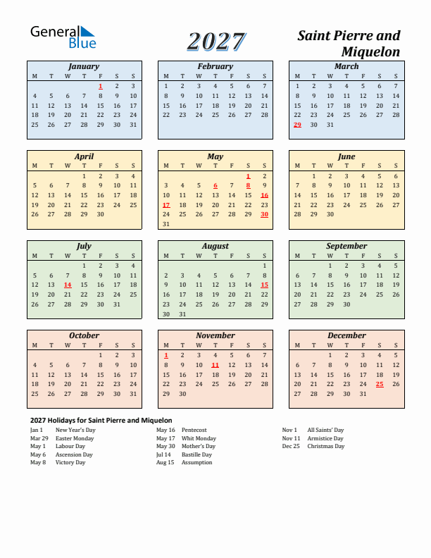 Saint Pierre and Miquelon Calendar 2027 with Monday Start