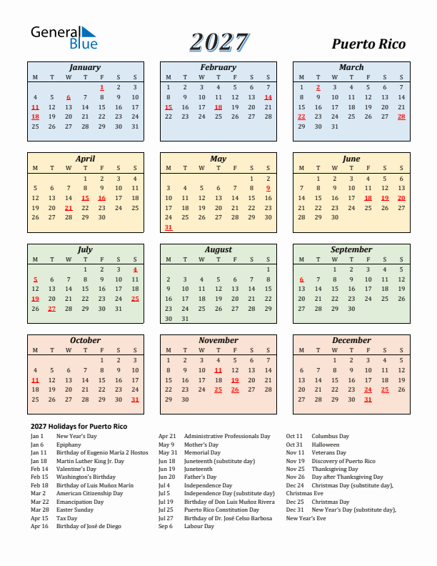 Puerto Rico Calendar 2027 with Monday Start