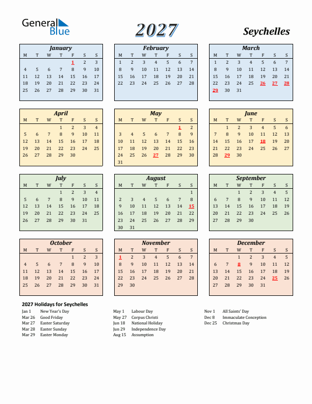 Seychelles Calendar 2027 with Monday Start