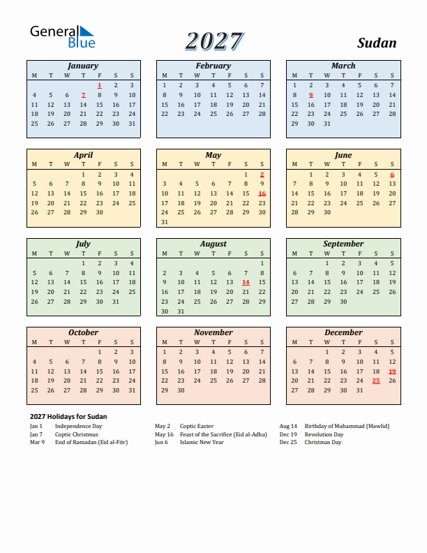 Sudan Calendar 2027 with Monday Start