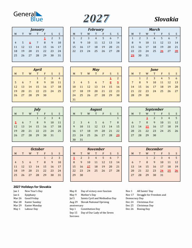 Slovakia Calendar 2027 with Monday Start