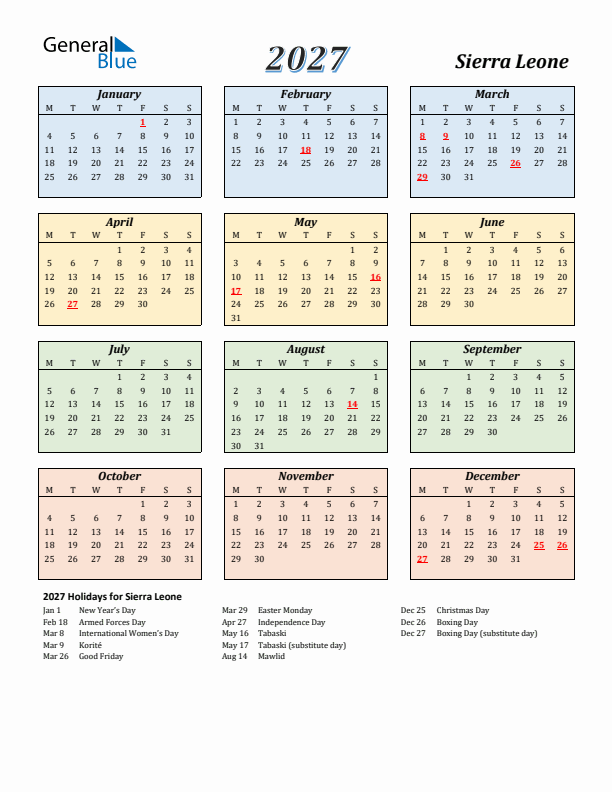 Sierra Leone Calendar 2027 with Monday Start