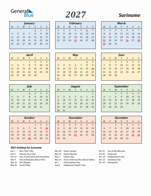 Suriname Calendar 2027 with Monday Start