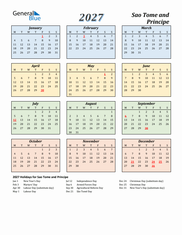 Sao Tome and Principe Calendar 2027 with Monday Start
