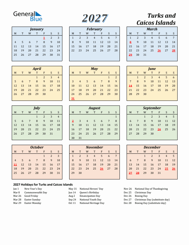 Turks and Caicos Islands Calendar 2027 with Monday Start