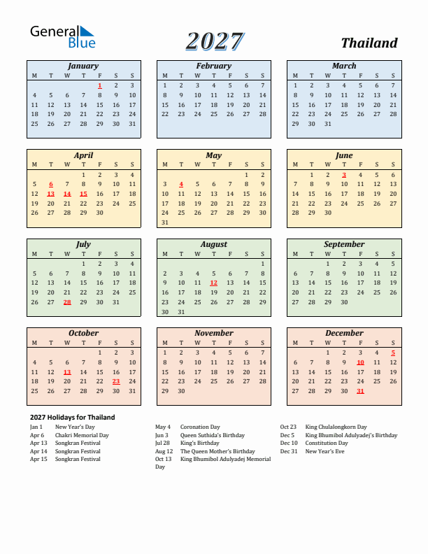 Thailand Calendar 2027 with Monday Start