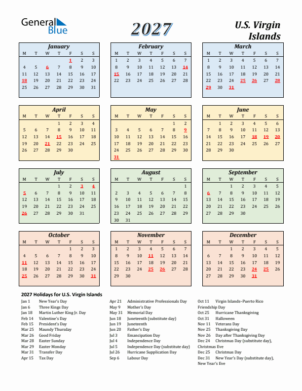 U.S. Virgin Islands Calendar 2027 with Monday Start