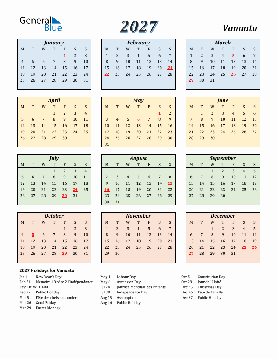2027 Vanuatu Calendar - Monday Start