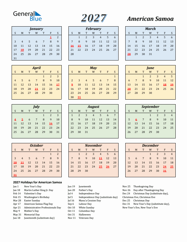 American Samoa Calendar 2027 with Sunday Start