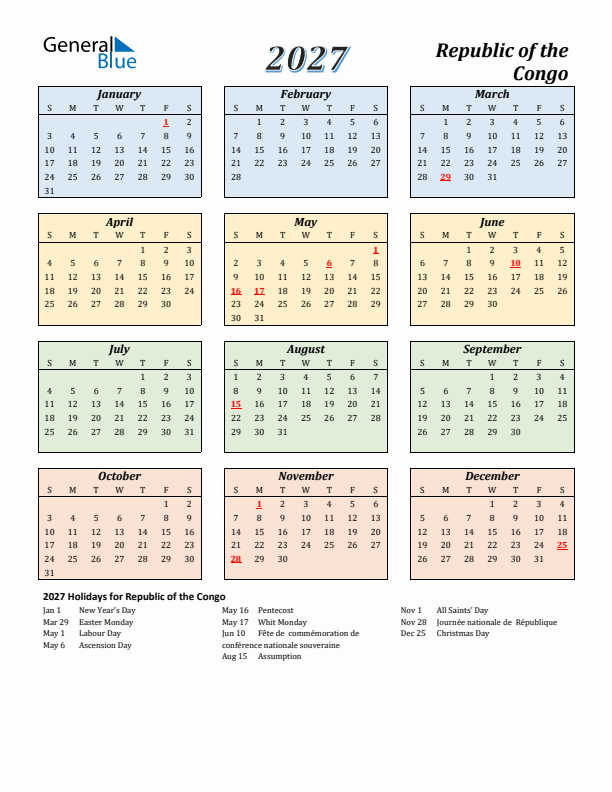 Republic of the Congo Calendar 2027 with Sunday Start