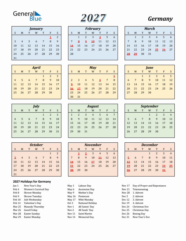 2027 Germany Calendar With Holidays