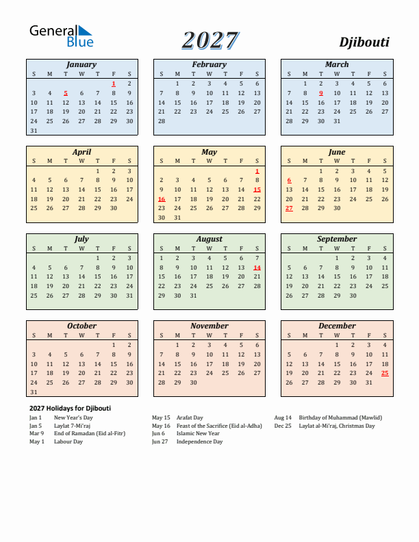 Djibouti Calendar 2027 with Sunday Start
