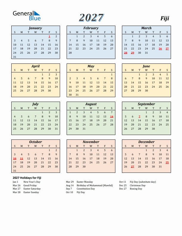 Fiji Calendar 2027 with Sunday Start