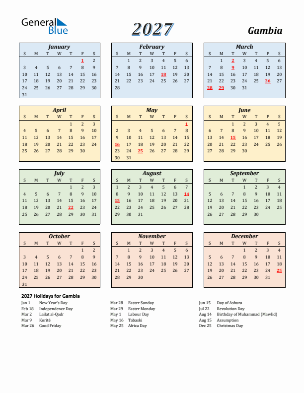 Gambia Calendar 2027 with Sunday Start