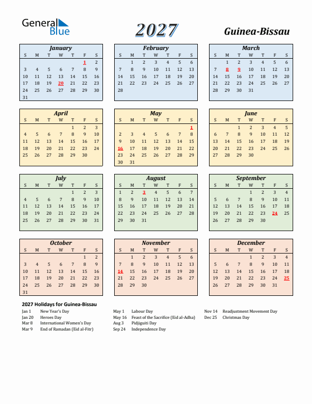 Guinea-Bissau Calendar 2027 with Sunday Start
