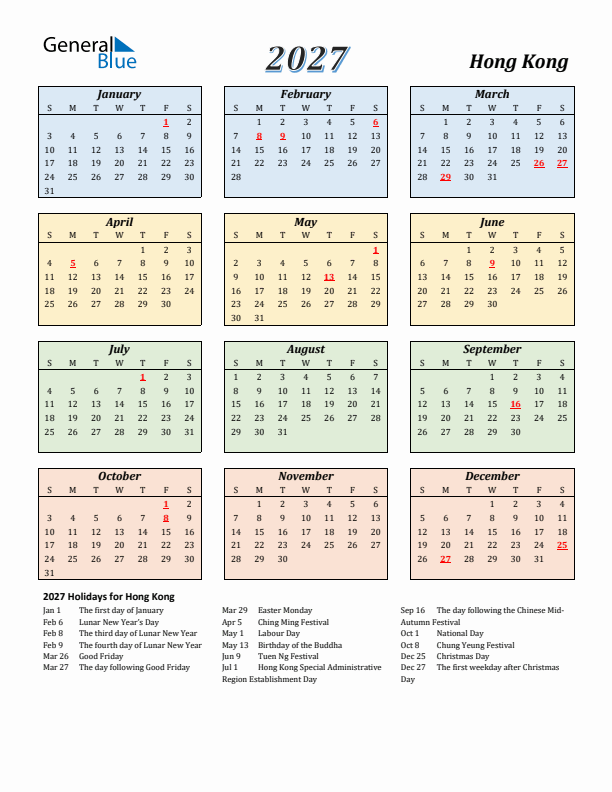 Hong Kong Calendar 2027 with Sunday Start