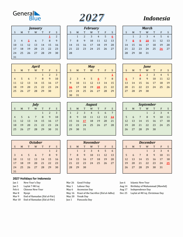 Indonesia Calendar 2027 with Sunday Start
